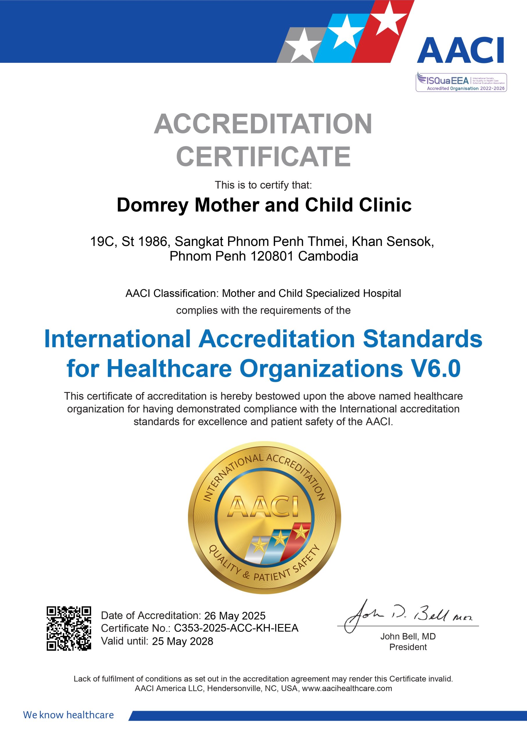 AACI Accreditation certificate C353-2025-ACC-KH-IEEA awarded to Domrey Mother and Child Clinic, Phnom Penh