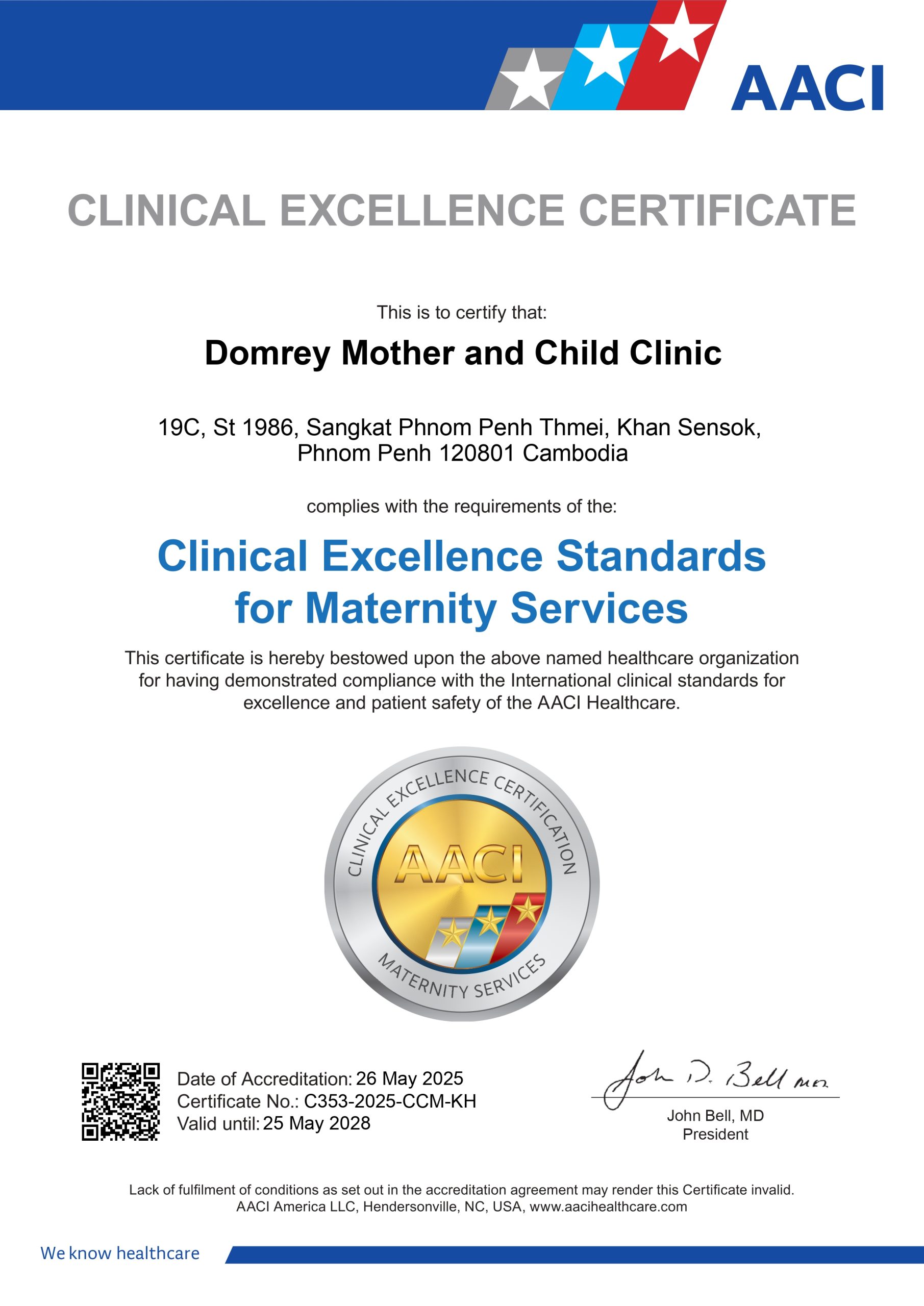 AACI Clinical Excellence Certification for Maternity Services C353-2025-CCM-KH awarded to Domrey Mother and Child Clinic, Phnom Penh
