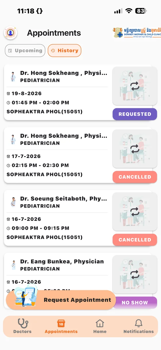 Domrey Hospital app: the History tab of the appointments screen, listing past visits and their status.