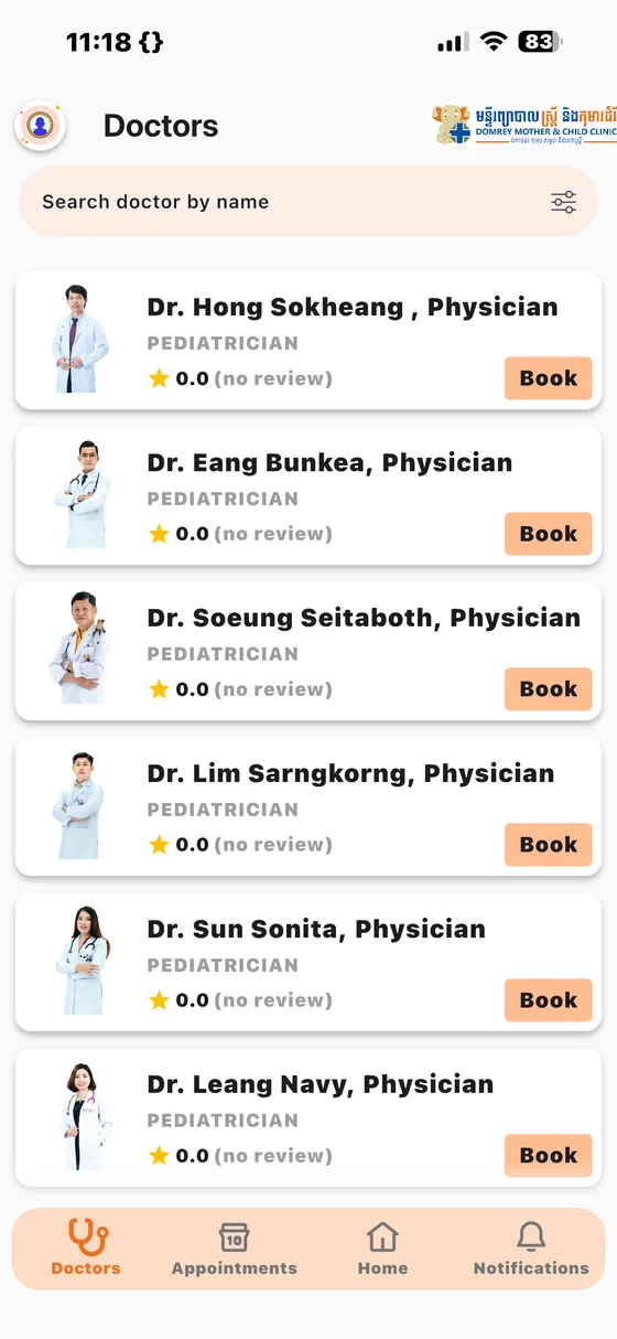 Domrey Hospital app: the doctor list, with a Book button beside each doctor.