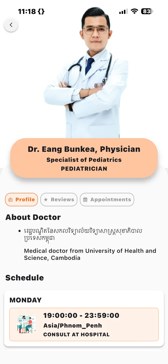 Domrey Hospital app: Dr. Eang Bunkea's profile and booking screen.