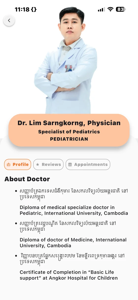 Domrey Hospital app: Dr. Lim Sarngkorng's profile and booking screen.