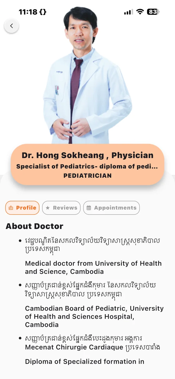 Domrey Hospital app: Dr. Hong Sokheang's profile and booking screen.