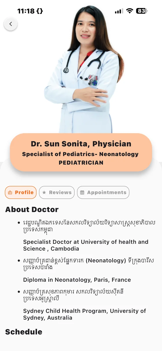 Domrey Hospital app: Dr. Sun Sonita's profile and booking screen.